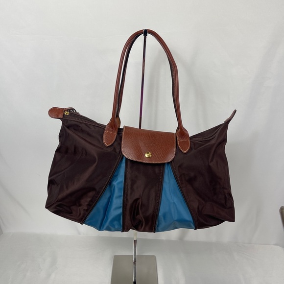 Longchamp Handbags - Longchamp Nylon Tote Bag Purse Size 16” Brown And Teal Blue w/ Brown Leather